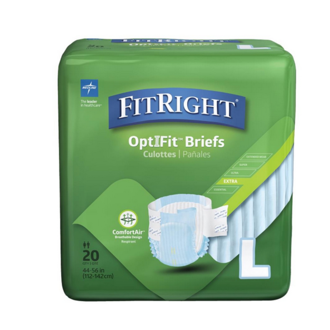The FitRight Unisex Extra Incontinence Briefs for adults, size large (L), fit waist sizes 44-56 inches (112-142 cm). Featuring ComfortAir, a stretchable waist, and odor control for comfort. The package contains 20 moderate absorbency briefs with text in English and Spanish.